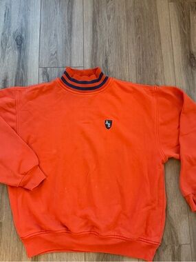 Vintage American eagle Men's Orange Crewneck Sweater with Stripe Collar medium
